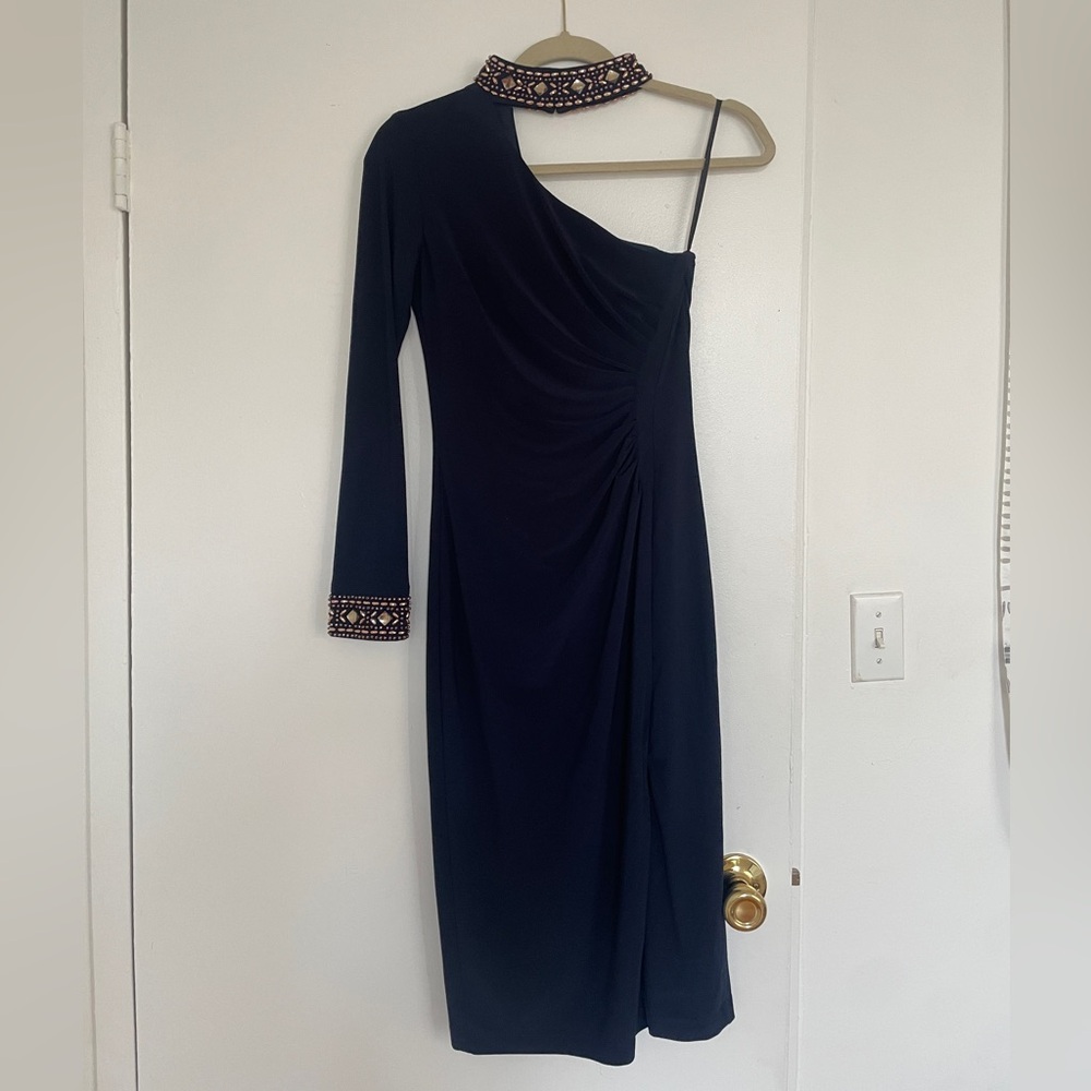 Xscape Navy Blue One-Shoulder Dress with Embellished Trim